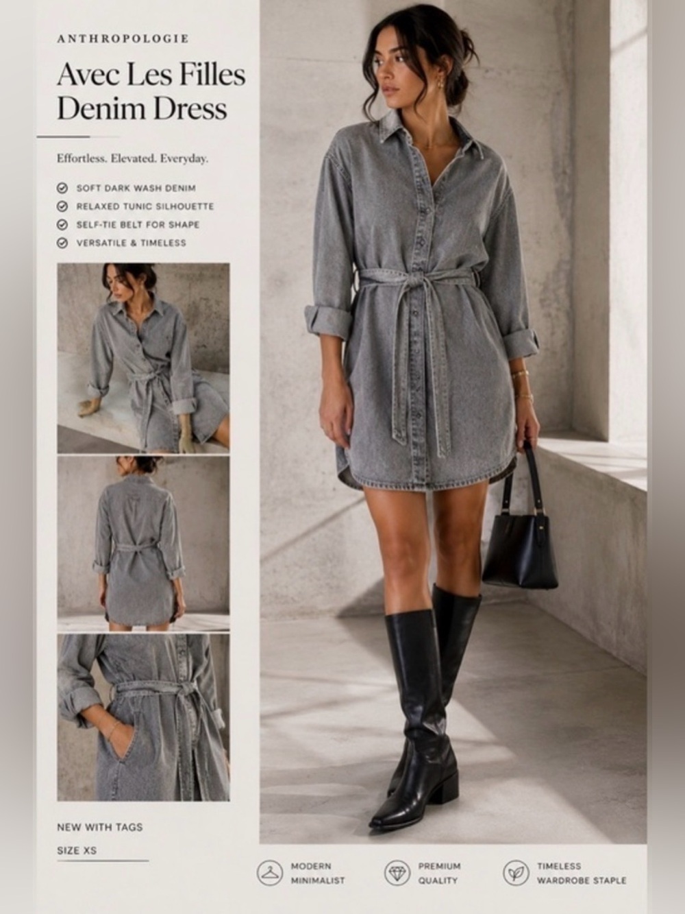 Avec Les Filles Anthropologie Gray Denim Shirt Dress With Belt